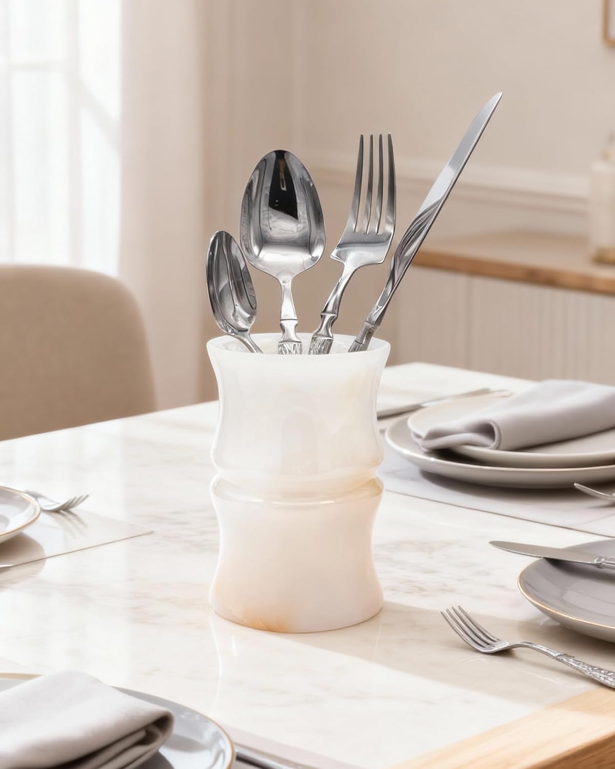 Natural Jade Spoon Holder, Utensil Holder Countertop, Dining Table Centerpiece Decor, Unique Utensil Caddy, New Home Gift Ideas, House Warming Gifts New Home (Mint White) (Mint White)