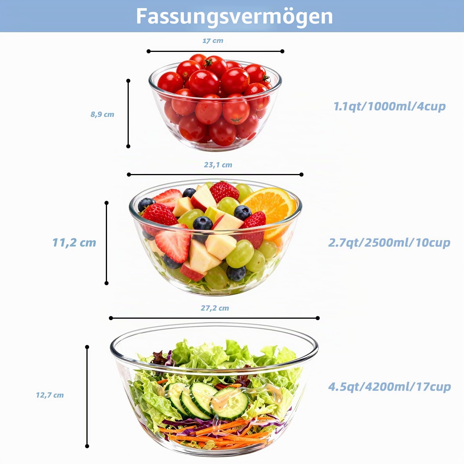 WhiteRhino Glas Rührschüssel mit Deckel, 3er-Set (4,2L, 2,5L, 1L), Große Rund Salatschüsseln für die Küche,Salatschüssel mit Deckel, Kochen,Backen,Vorbereiten, spülmaschinenfes