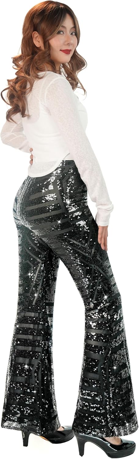 Nawgut Sequin Flare Pants Sparkly Glitter High Waisted Bell Bottom Trousers Disco Party Clubwear for Women - Image 2