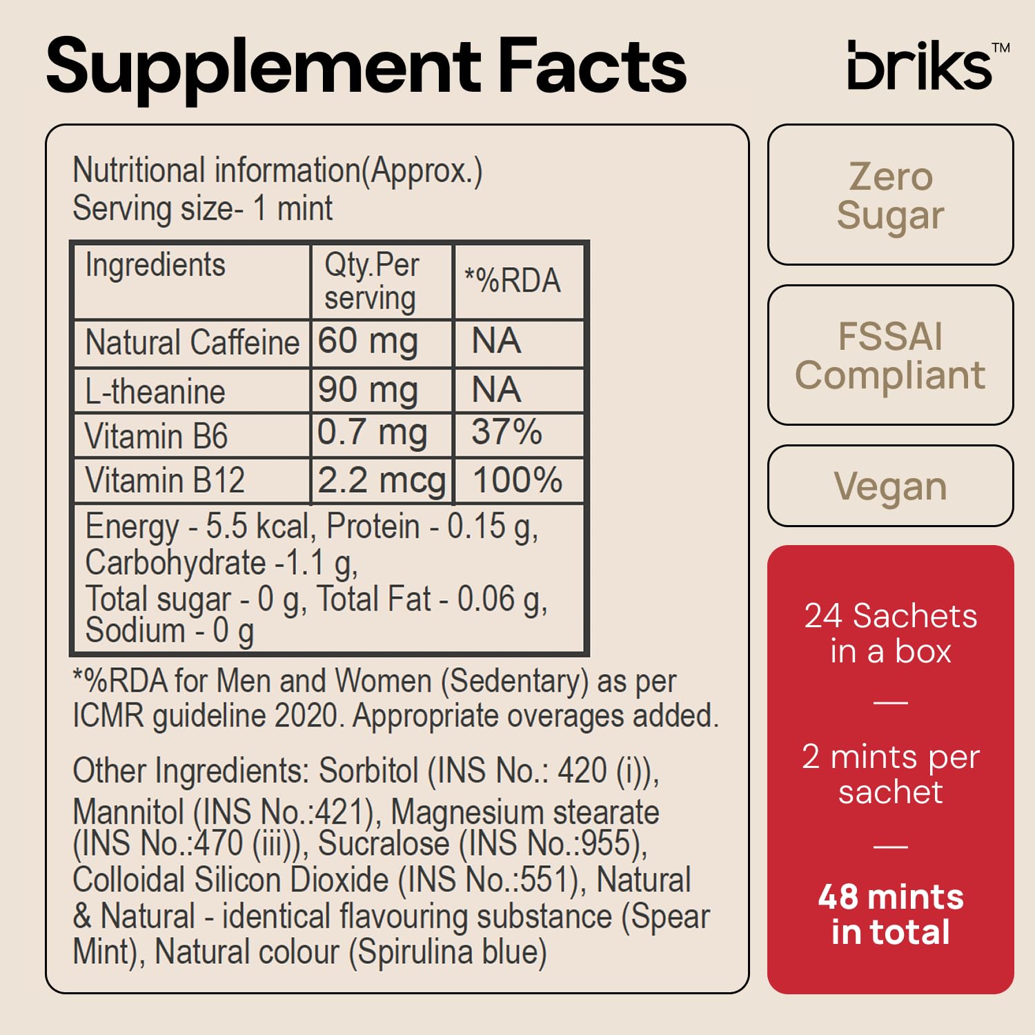 Briks Focus & Energy Mints | Fast-Acting Energy, Focus, and Cognitive Support | Natural Caffeine + L-Theanine + Vit B6 & B12 | No Added Sugar | 48 mints — Amazon image 6