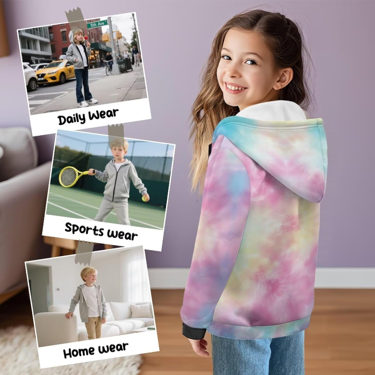 Kids Fleece Hooded Jacket Zip Up Hoodie Sweatshirt Long Sleeve Girls Sweatshirt Warm Hooded Top Activewear