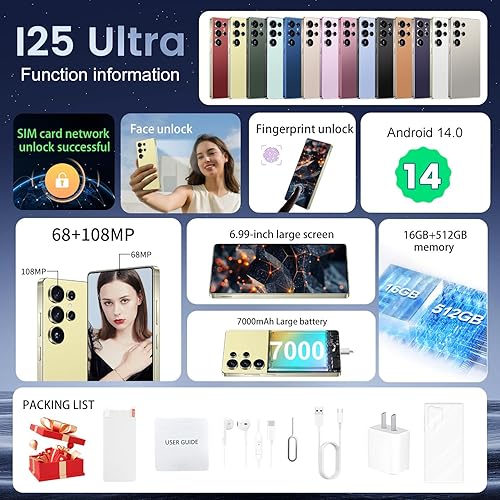 Miniatura 6 de I25 Ultra Smartphone de 16 GB+512 GB Android 14, pantalla FHD+ de 6.99 pulgadas, batería de 7000 mAh, cámara dual de 108 MP+68 MP, lápiz óptico