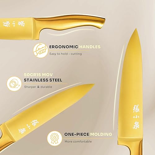 Miniatura 6 de ZHANG XIAO QUAN - Juego de cuchillos dorados con bloque blanco, juego de cuchillos de acero inoxidable de alto carbono, afilado y duradero, cientos