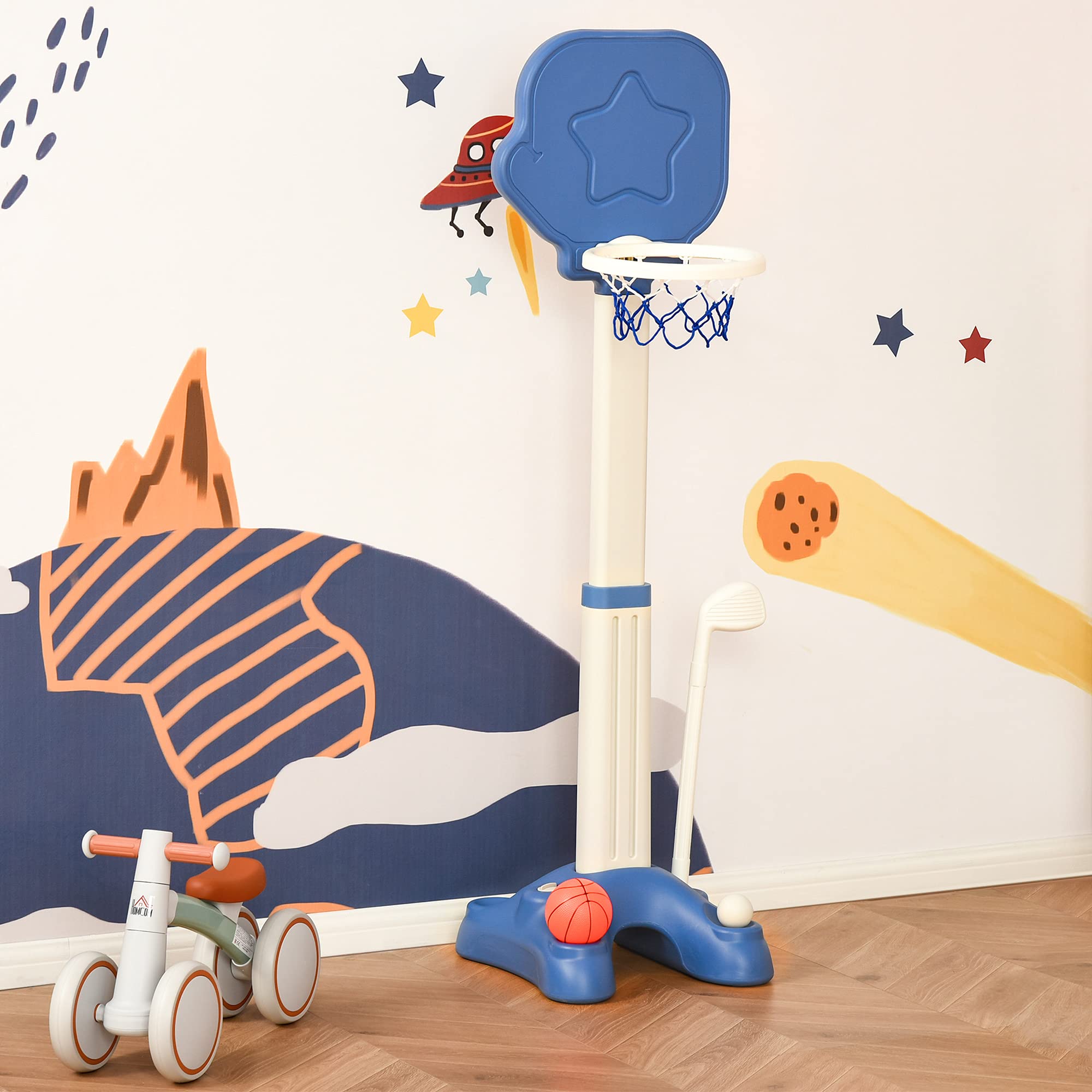 HOMCOM Canasta de Baloncesto 2 en 1 Canasta de Baloncesto Infantil con Aro Ajustable en Altura de 83-120 cm Pelotas y Palo de Golf 46x41x116-153 cm Azul y Blanco