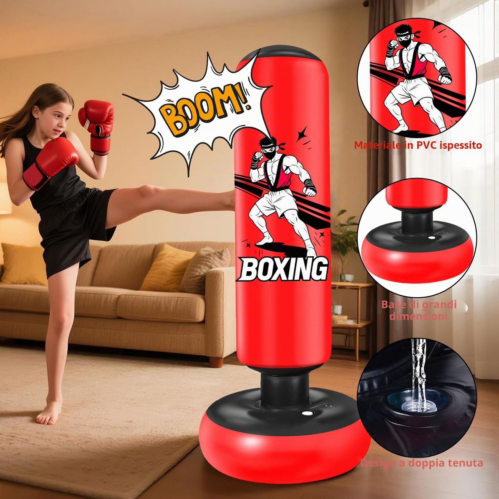 Qoosea Sacco da Boxe per Bambini, 168 cm Stabile Pungiball Bambini Gonfiabile con Guantoni da Boxe, per Pratica di Taekwondo Karate MMA, Sacchi da Boxe Gonfiabile per 3-14 Ragazzi Ragazze