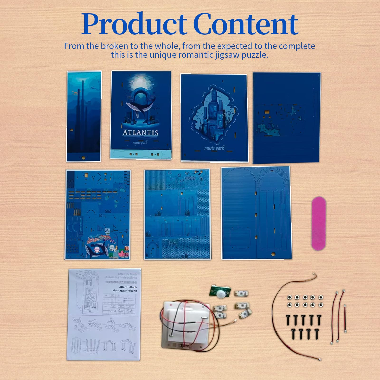 Music Park Kit Book Nook - Puzzle 3D in legno per adulti, città subacquea fai da te Atlantis con luce sensore, puzzle per adulti e kit di modelli in legno per adulti, regalo decorativo per libreria