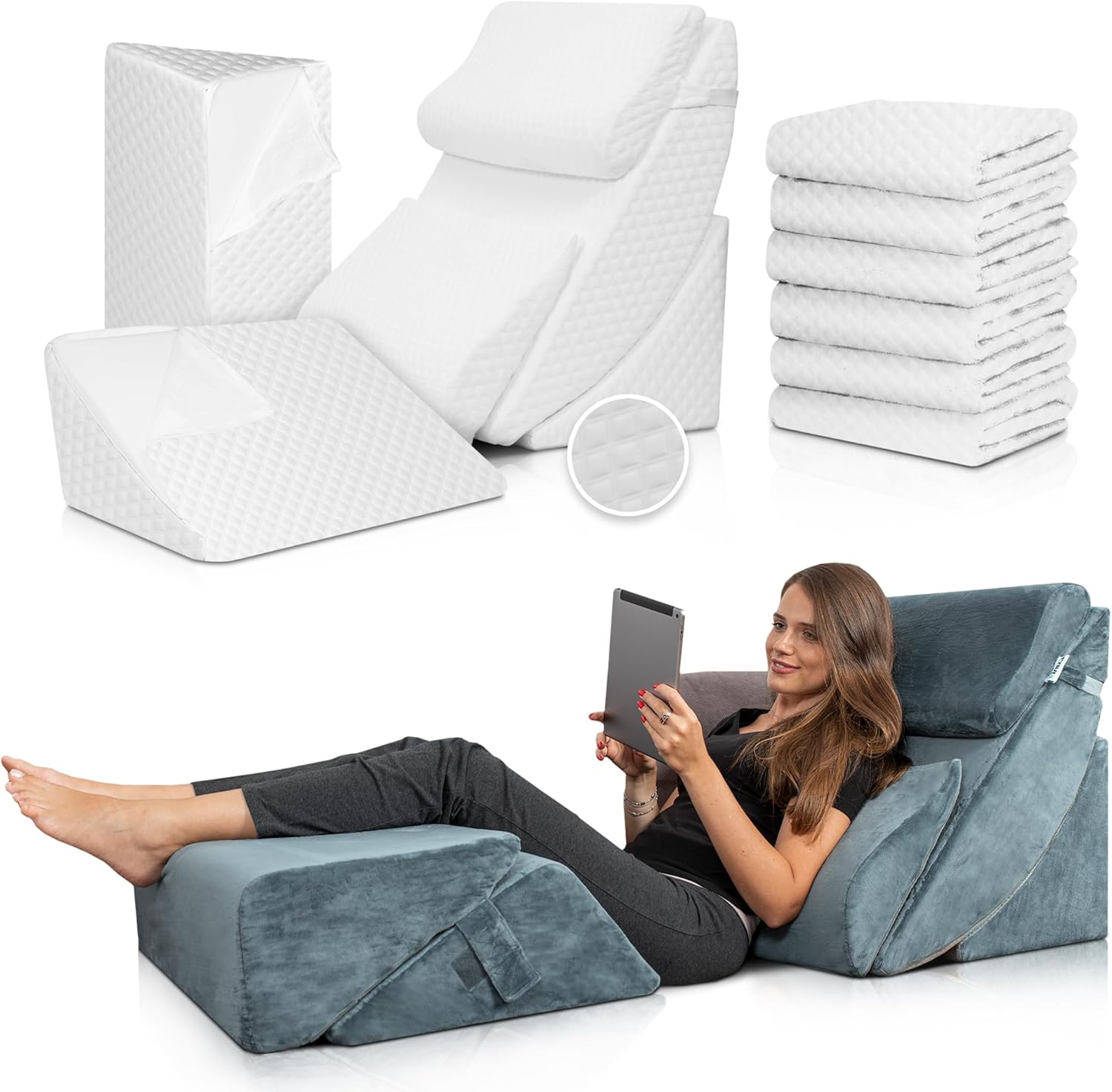 Lunix Orthopedic 6pcs Wedge Pillow Set with Extra Washable Cover – Adjustable Memory Foam for Back, Legs, Acid Reflux & Recovery – Bundle & Save 10%