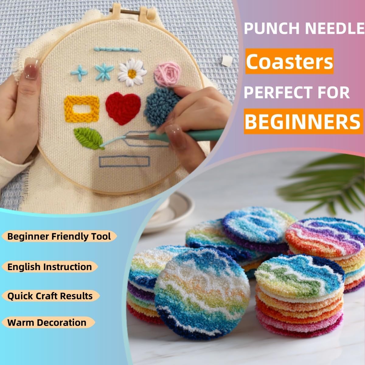 6PCS Punch Needle Coaster Kit Merry Christmas Theme Easy for Beginners Stress Relief Craft Set with Hoop Yarn & Patterns DIY Embroidery Mug Rug Kit for Adults Kids Home Decor-2