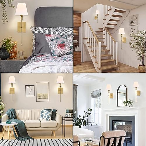 Miniatura 7 de Pauwer Juego de 2 apliques de pared delgados con pantalla de tela blanca cableada para interiores, soporte de columna para dormitorio, lámpara de