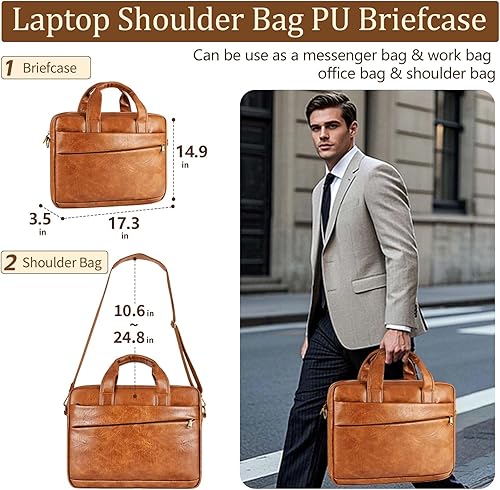 Miniatura 28 de Bolsa de mensajero para hombre de 17.3 pulgadas de lona/cuero para portátil, mochila para hombre, maletín para computadora, bolsa de hombro Marrón