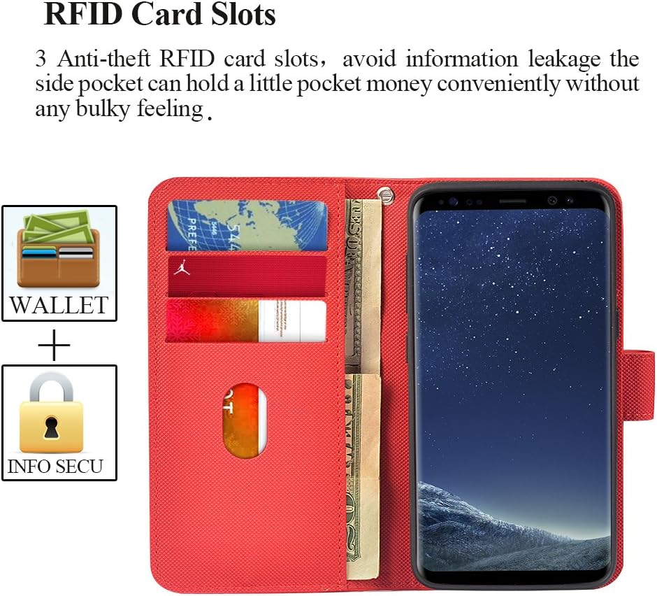 UrSpeedtekLive Galaxy S8 Plus/S8+ Detachable Wallet Case, Premium Vegan Leather Folio Flip Kickstand Case Cover with Card Slot, Wrist Strap, Magnetic Closure for Samsung Galaxy S8 Plus(2017),Red