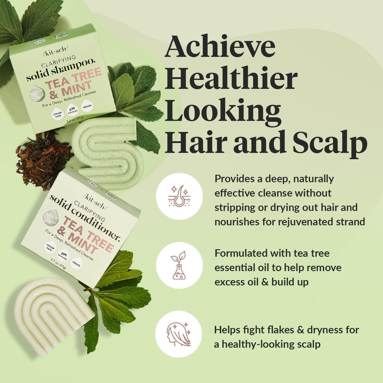 Kitsch Tea Tree Shampoo & Conditioner Set, Anti Dandruff Shampoo Bar & Conditioner Bar, Hair Care for All Hair Types - Image 2