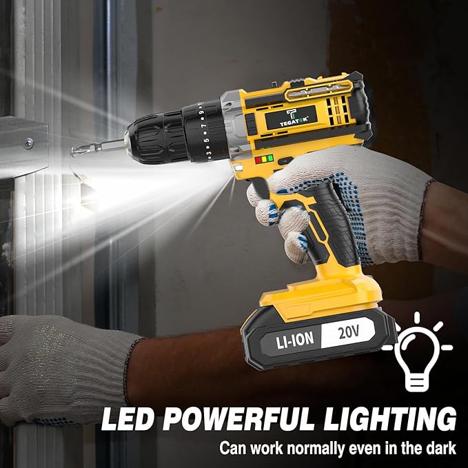 Taladro Atornillador Inalámbrico 20V Tegatok, 30Nm, 2 Velocidades, con Luz LED miniatura 4
