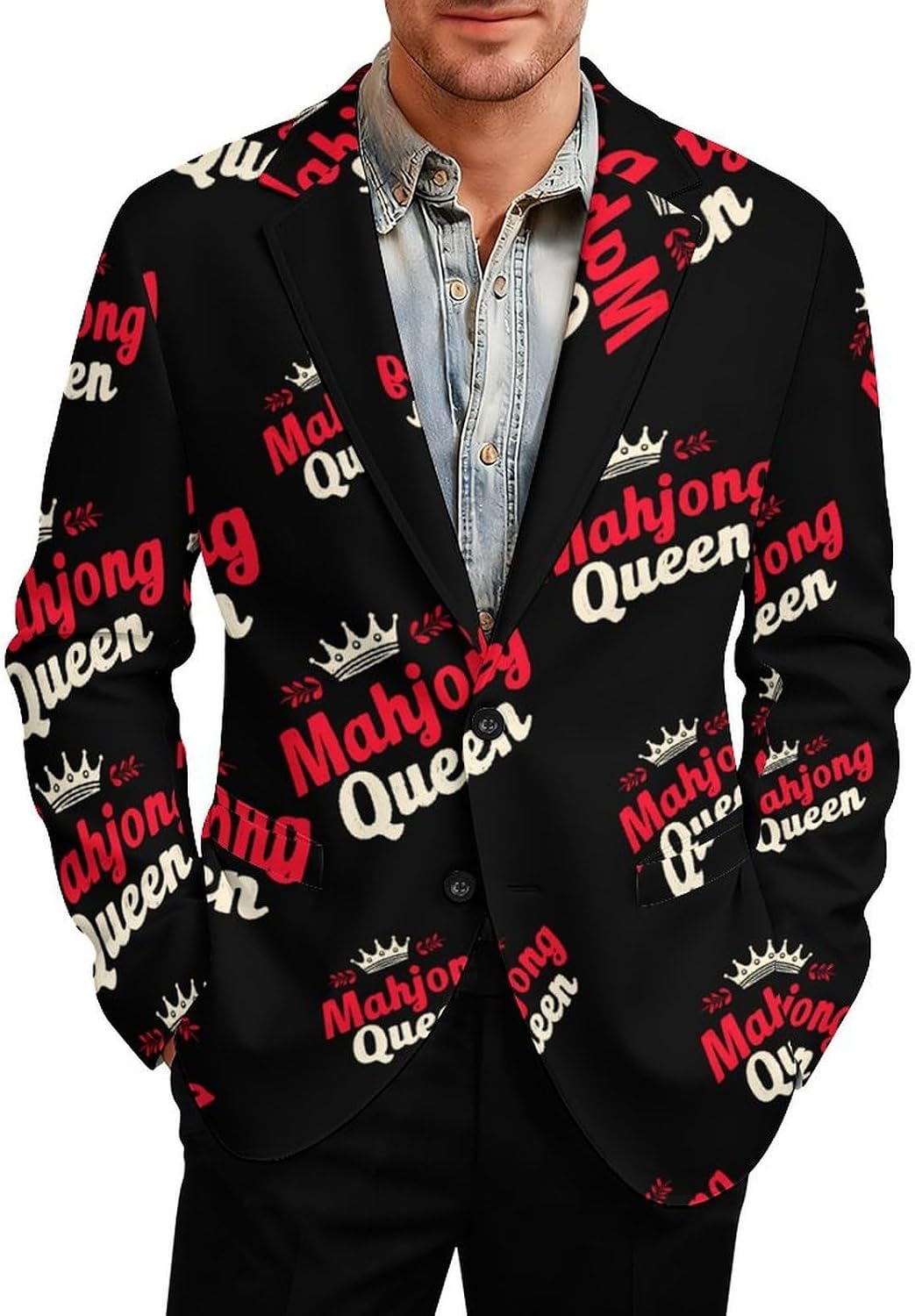 Mahjong1 Queen Mom Chinese Gambler Trendy Men's Two Button Suit Funny Casual Slim Fit Blazer Coat Tuxedos Jackets