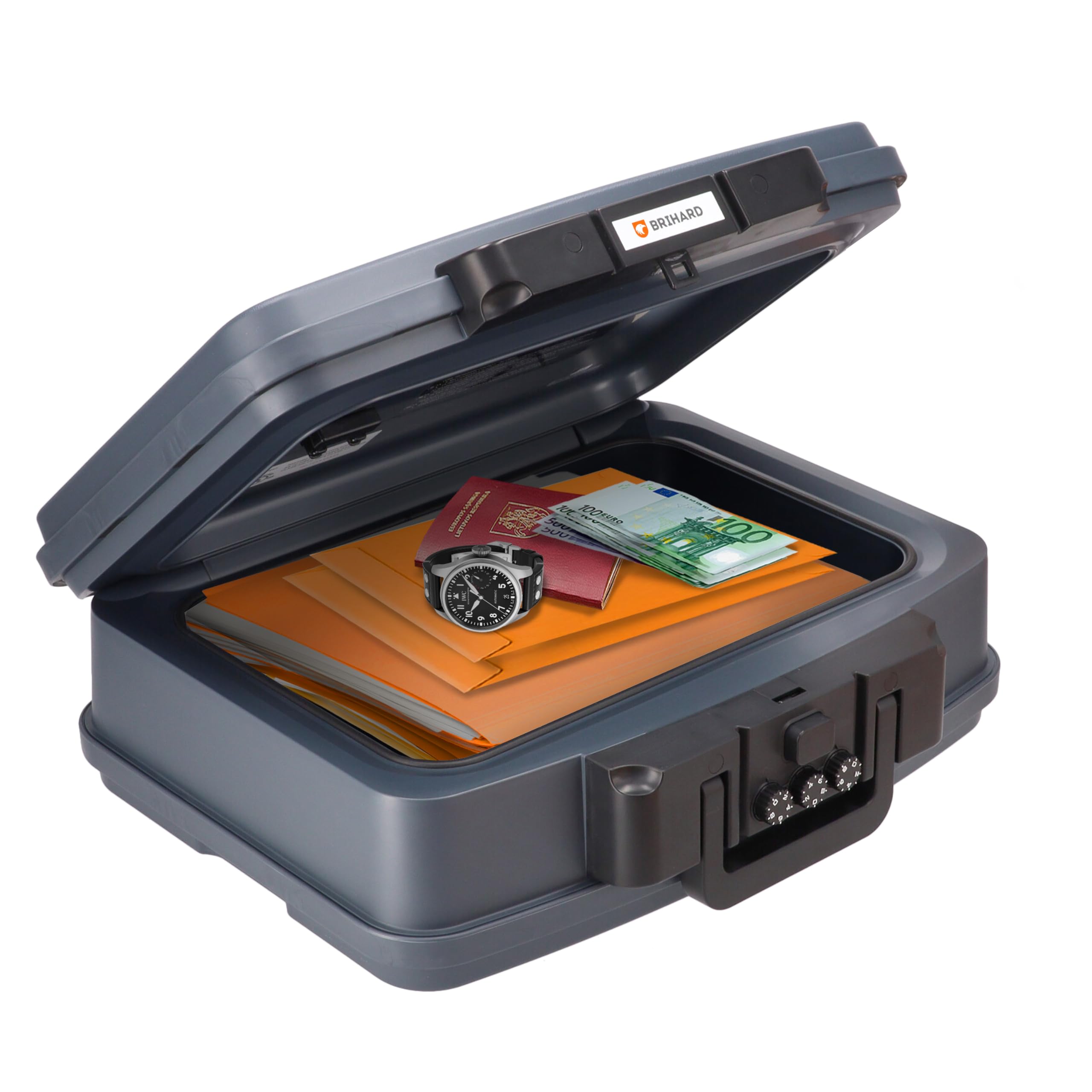 Brihard Certified Portable Fire Chest 2125N, A4 - Waterproof & Fireproof Lockable Storage Box with Combination Lock, Secure Valuables & Documents, Portable with Carry Handle, H 6.5 x W 17.3 x D 14.6in