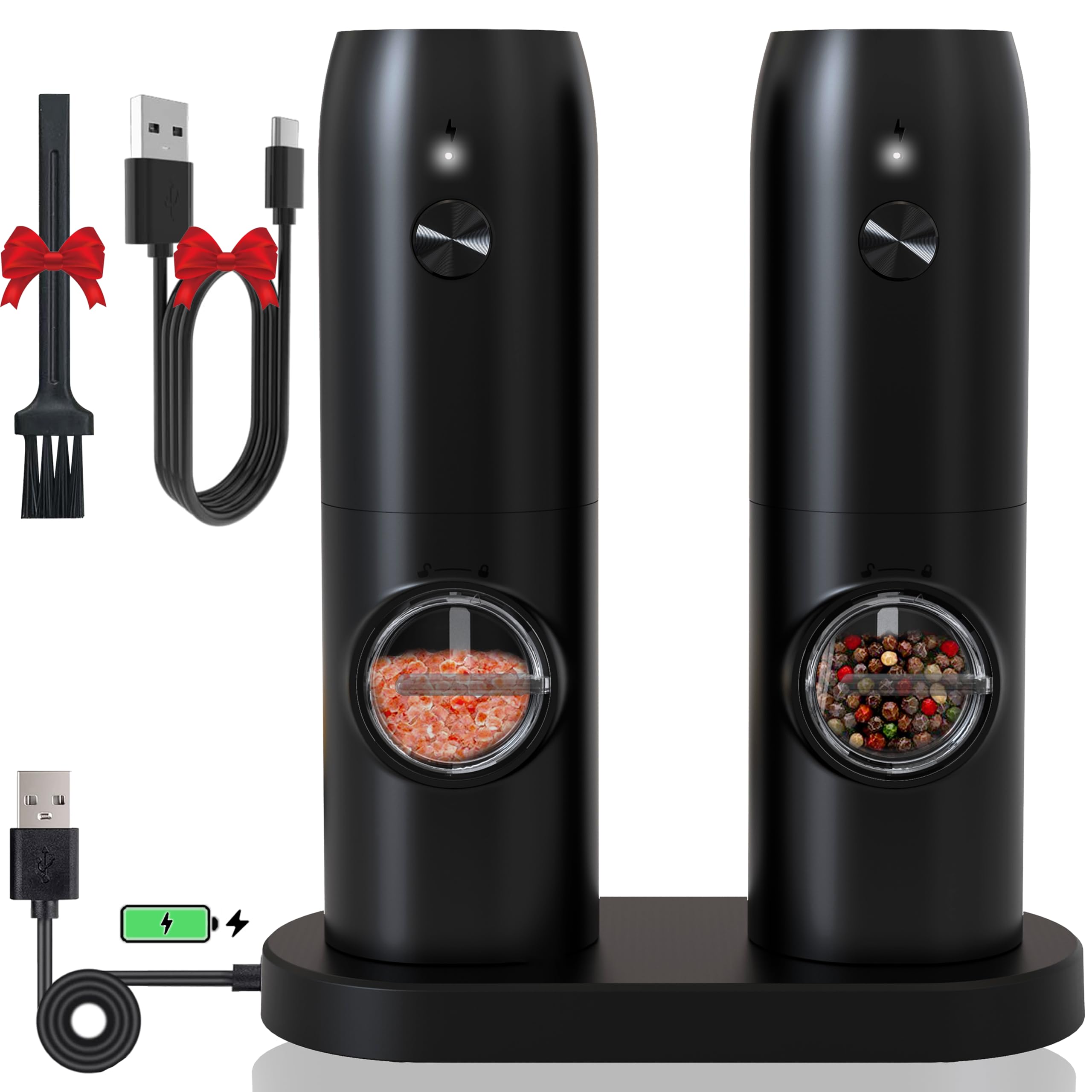 Electric Salt and Pepper Grinder Set - USB Rechargeable,LED Light,Adjustable Coarseness,TEITOP Automatic Pepper and Salt Mill Grinder Set with Charging Base(Black 2 Mills)