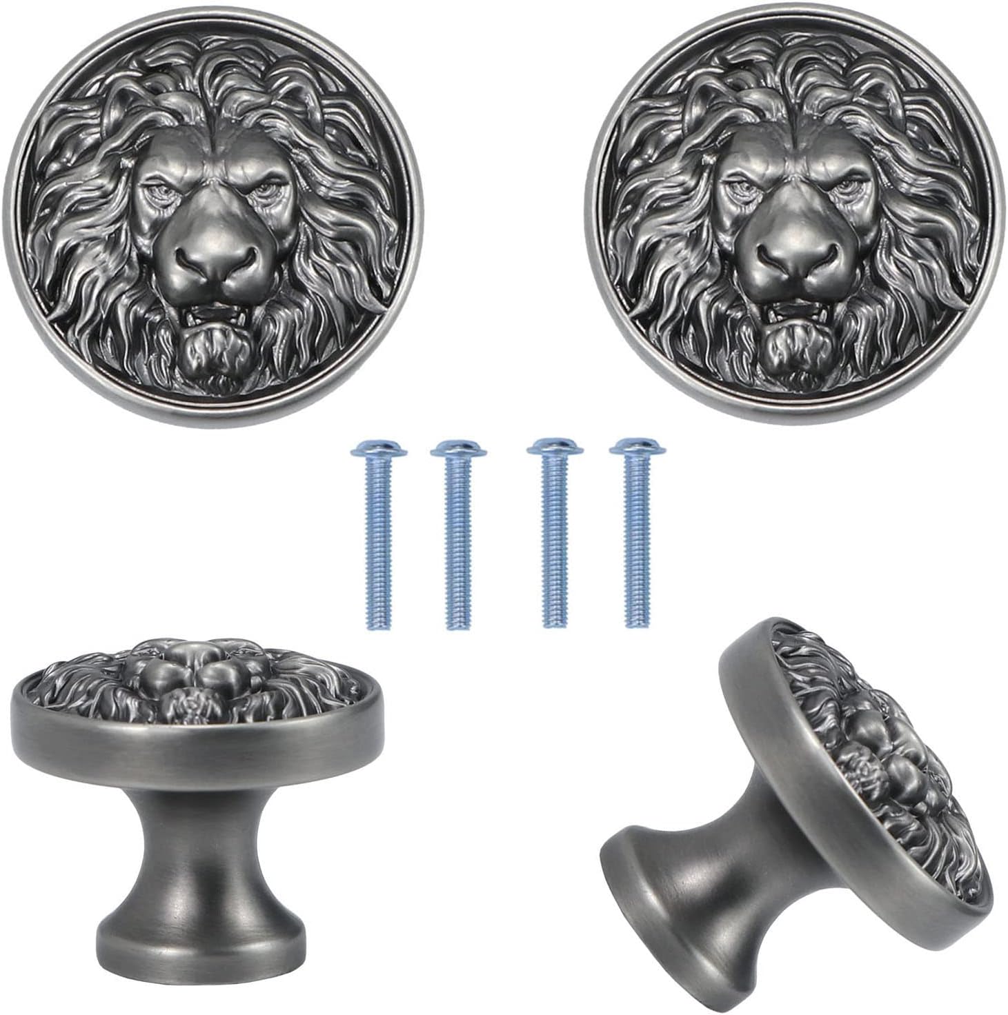 Cabinet Knobs Antique Lion Head Drawer Pulls Gold Animal Knobs Dresser Drawer Knobs and Pulls Single Hole for Kitchen Cupboard Handles 4 Pcs (Bright Antique Silver)