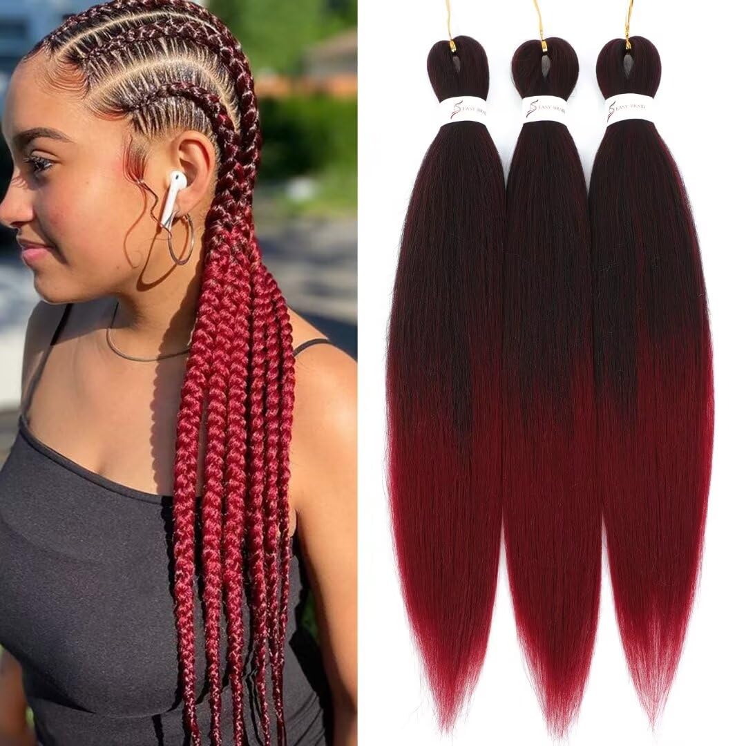 Msloosily Ombre Braiding Hair Pre Stretched 1b/900 Burgundy Braiding Hair Pre Stretched 20inch 3packs Kids Braids Hair PreStretched For Women EZ