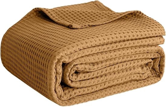 100% Cotton Blankets for Bed - Waffle Weave Blankets for Summer, Lightweight and Breathable Soft Woven Blanket for Spring Orange, Queen 90" x 90"