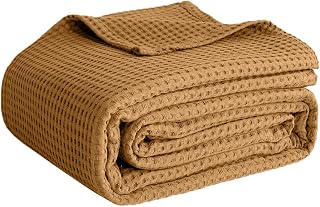 100% Cotton Blankets Queen Size for Bed - Waffle Weave Blankets for Summer, Lightweight and Breathable Soft Woven Blanket for Spring, White, 90x90 Inches (Beige, Queen (90" x 90"))