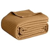 100% Cotton Blankets for Bed - Waffle Weave Blankets for Summer, Lightweight and Breathable Soft Woven Blanket for Spring (Orange, Queen (90