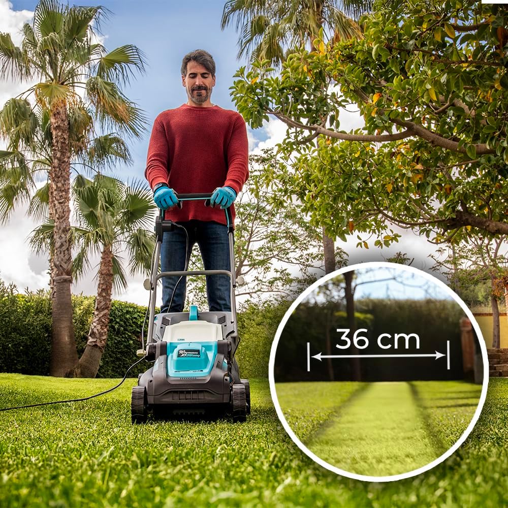 Lawnmower demonstrating its 36cm cutting width on a lawn