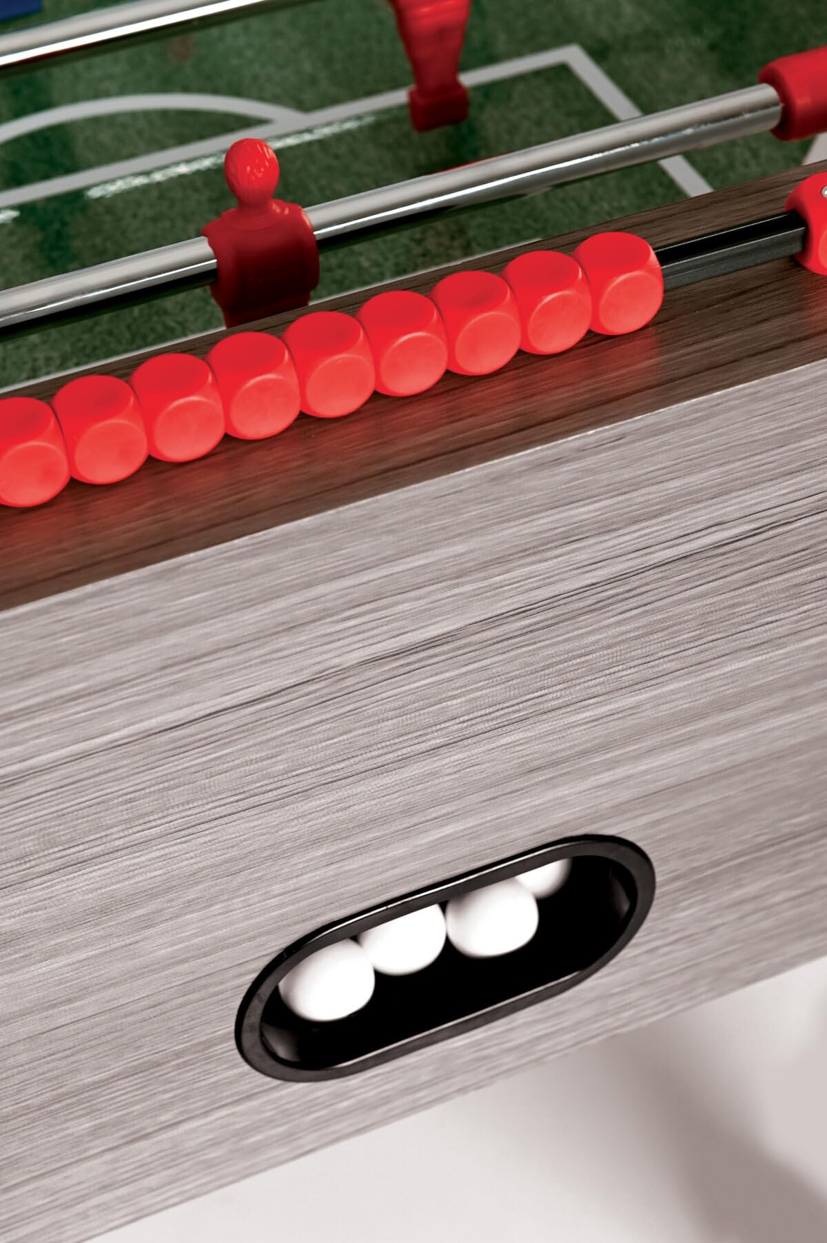 Garlando calciobalilla F-100 rovere grigio con aste rientranti. Modello dall’aspetto sobrio ed elegante 3 palline bianche modello “Standard” in dotazione