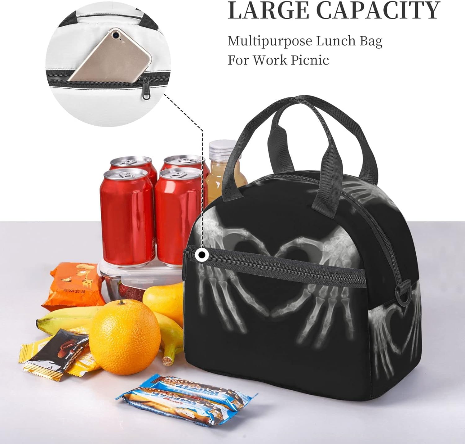 Bagea-Ka Lunch Bag, Black, Unisex, Durable 600D Oxford Cloth, Aluminum Foil Inner Lining, Adjustable Shoulder Strap, 9" x 7.8" x 5"