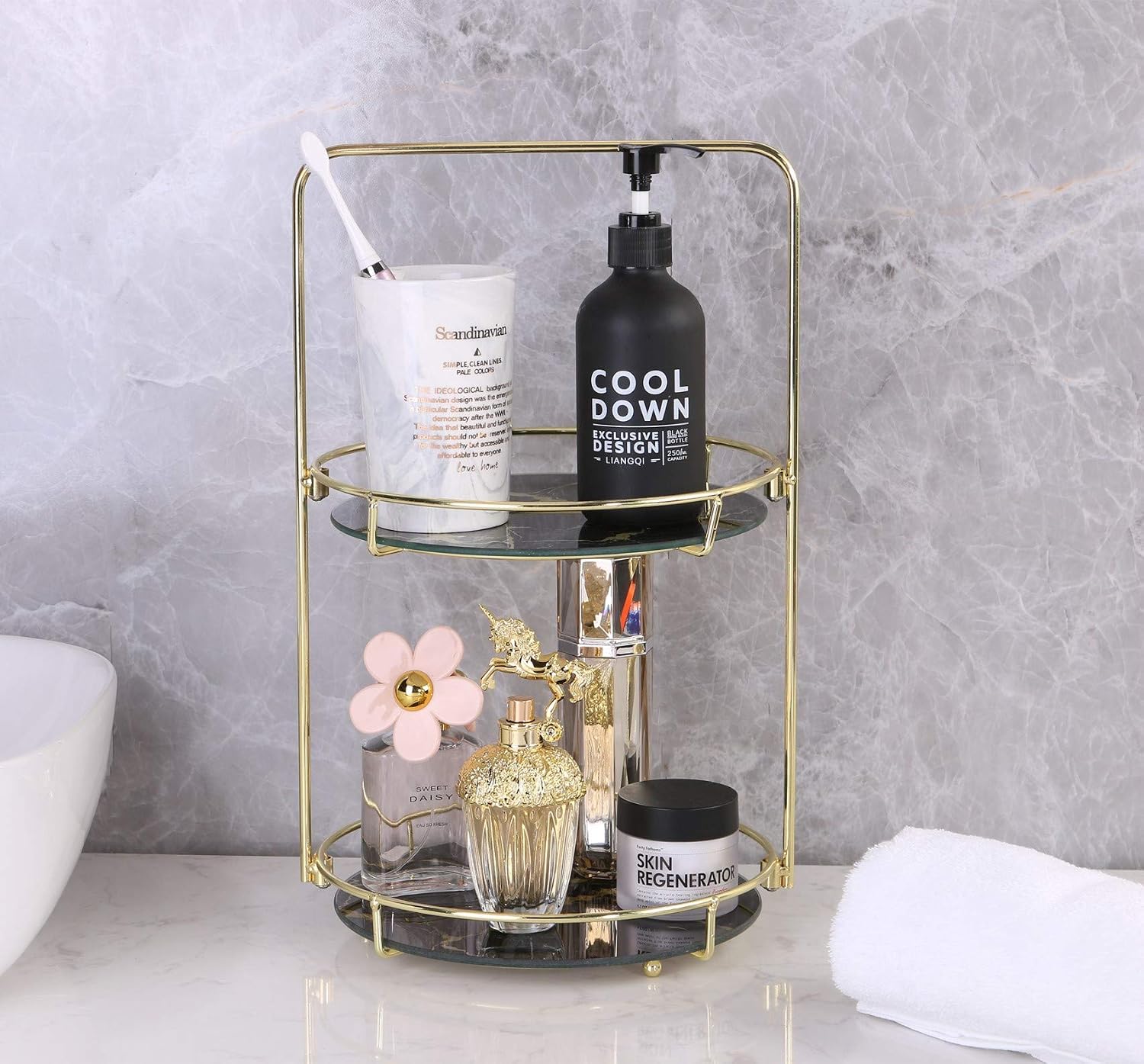 Simmer Stone Makeup Organizer Shelf, 2 Tier Cosmetic Storage Basket with Removable Glass Tray, Round Wire Vanity Organizer Rack for Dresser, Countertop, Bathroom and More, Gold