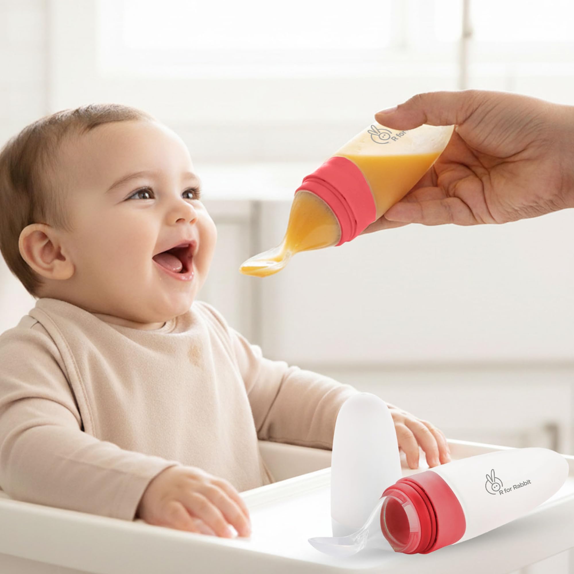 R for Rabbit First Feed Food Feeder with 90ml Capacity for 4M+ Baby, Premium Soft Silicone Food Grade BPA Free for Cereals, Infant, Kids (Red)-picture-20