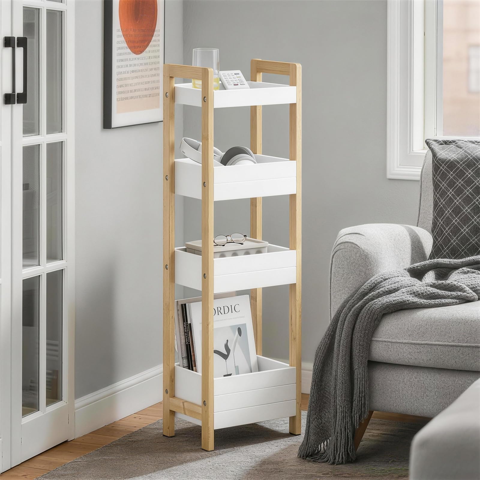 SoBuy Badezimmerschrank Schmal 20cm Breit für Kleines Badezimmer 90x28x20cm | mit 4 Stabilen Regalen, Schmaler Nischenschrank Stehend, Badregal Nischenregal aus Holz FRG226-H-WN