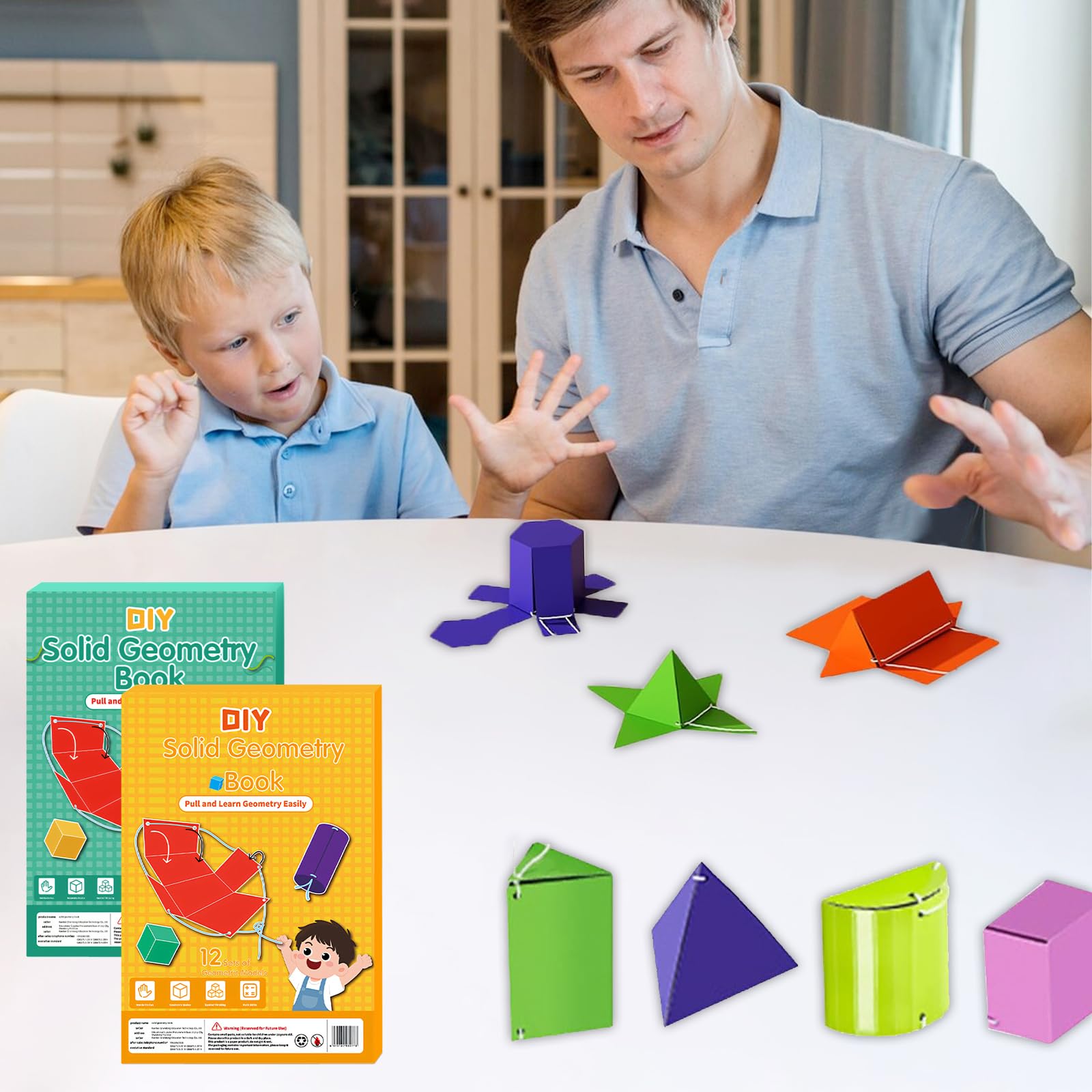 2 Stück DIY 3D Geometrie Lernbuch Set, Ziehfigur mit 12 Geometrische Körper, Kreatives Lernen wie mit Spirograph & Geobrett für die Grundschule