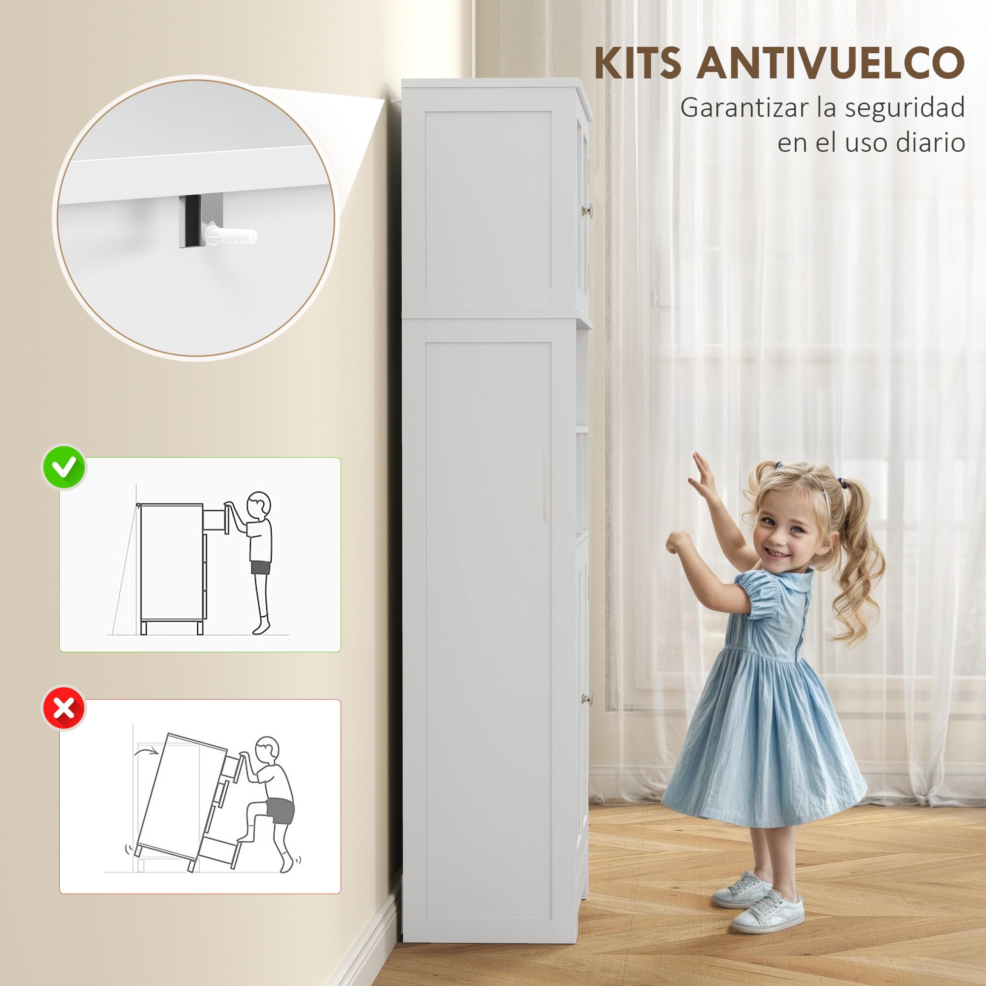 HOMCOM Credenza Cucina con 2 Armadietto, 3 Vani Aperti, Mobile Dispensa Stretto con Ante in Vetro e Ripiani Regolabili, per Soggiorno, Sala da Pranzo, 60x30x145.5 cm, Bianco