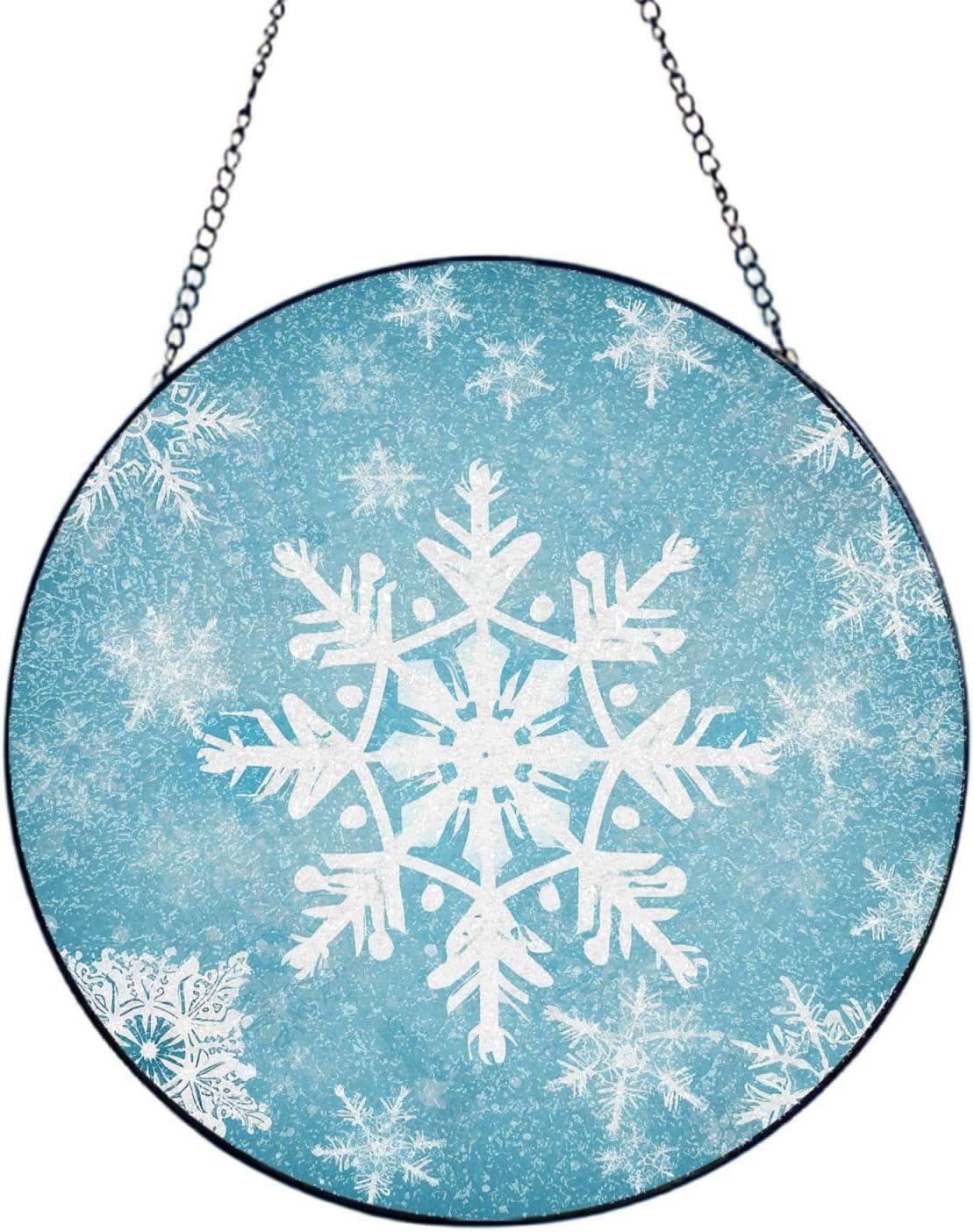 Stained Glass Window Hanging 6in（15cm）, Winter Snowflake Glass Suncatcher for Home Decor, Indoor Wall Art Glass Panel with Metal Chain and Hooks, Sun Catcher Ornament Birthday Gifts