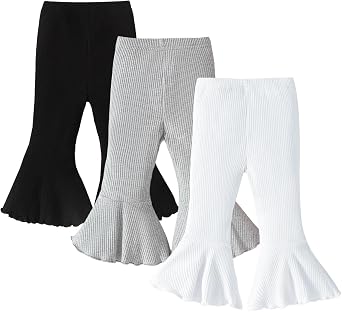 SOBOWO Baby Girl Flare Pants 3 Pack Toddler Solid Ribbed Ruffle Bell Bottoms Pants Trousers Fall Outfits