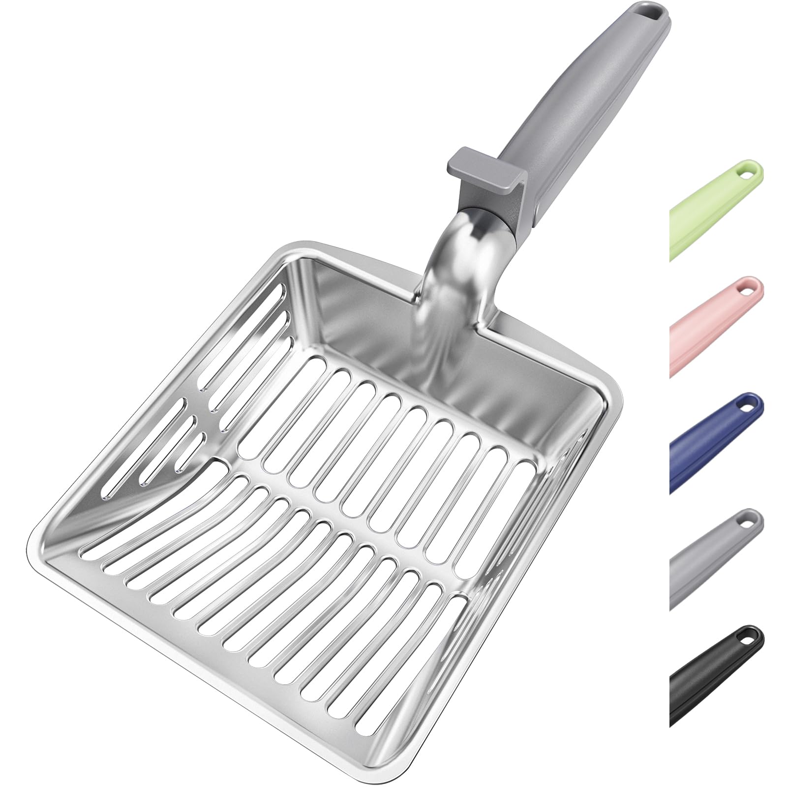 KooMooM Metal Cat Litter Scoop, Large Cat Scooper with Deep Shovel & Dual Sifting Holes for Fast & Precise Sifting, Space Aluminum Kitty Litter Scooper with Long Handle & Easy-to-Hang Hook - Grey