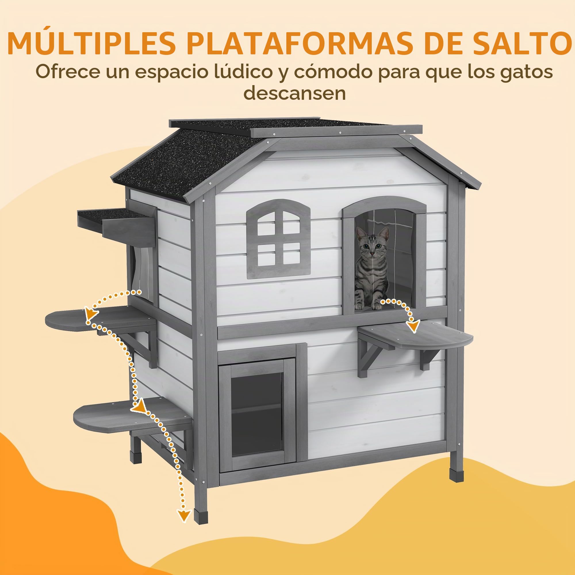 PawHut Casa para gatos de madera de 2 niveles, resistente al invierno, impermeable, con techo de asfalto, tapa plegable, escalera, cueva para gatos, exterior, jardín, balcón, 78 x 55,5 x 91 cm, color | Impermeable, caseta para gatos con techo de asfalto,