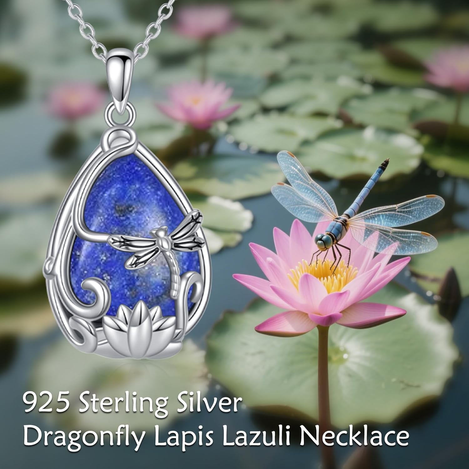 Dragonfly Lapis Lazuli Necklace Sterling Silver 925 Lapis Lazuli Teardrop Pendant Necklaces Dragonfly Lotus Jewelry For Women Female Gifts