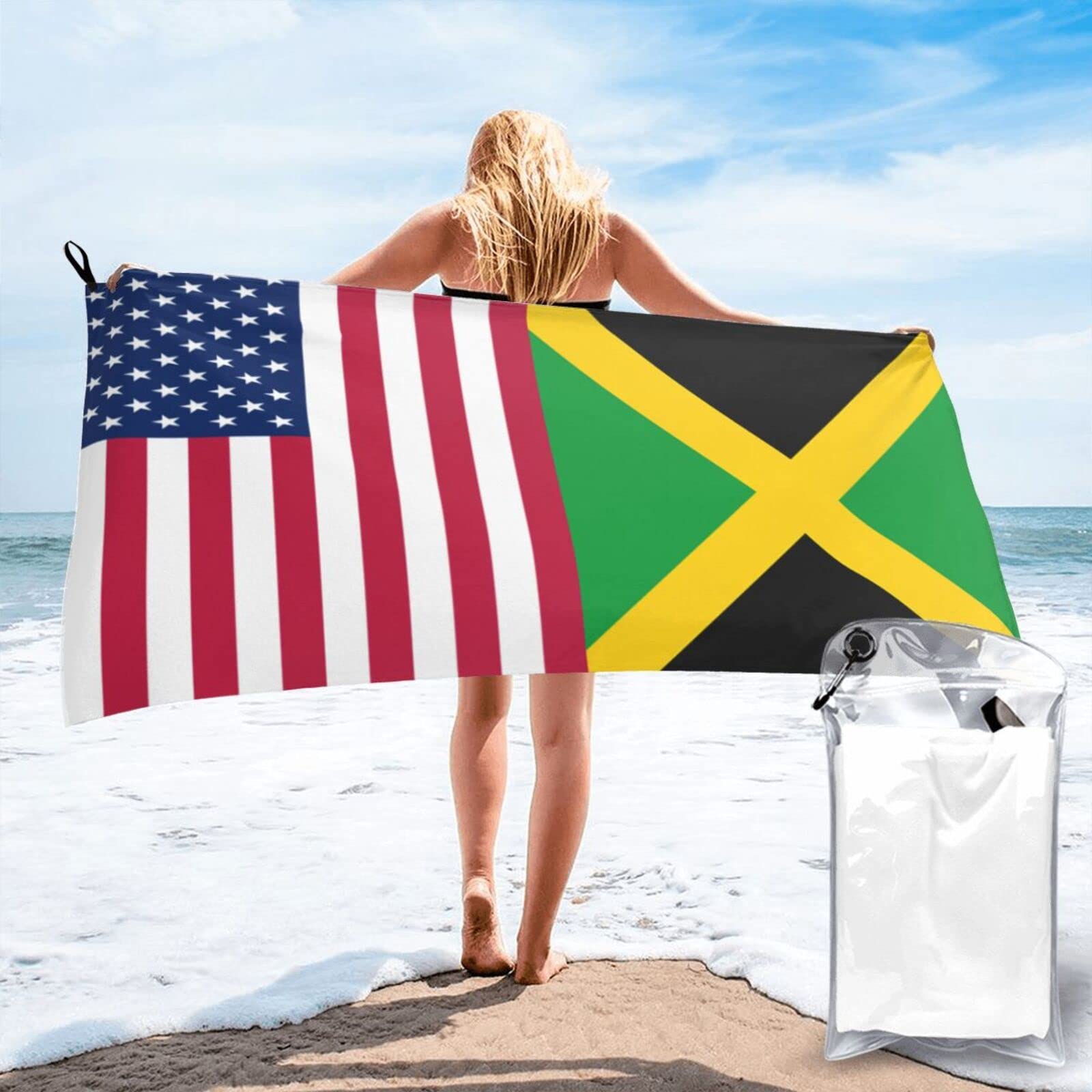 Lawenp Jamaican American Flag Microfiber Beach Towel Adults Large Quick Drying Bath Towel Travel Towels with Pouch 31.5"x63"