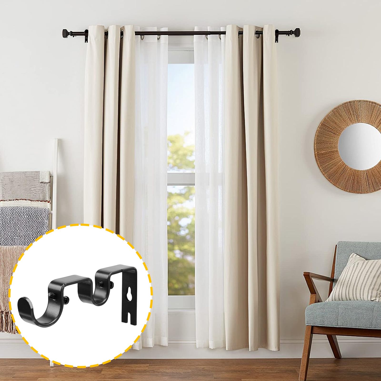 Double Curtain Rod Brackets - Black Wall Mount -7 Double Curtain Rod Brackets - Black Wall Mount -7