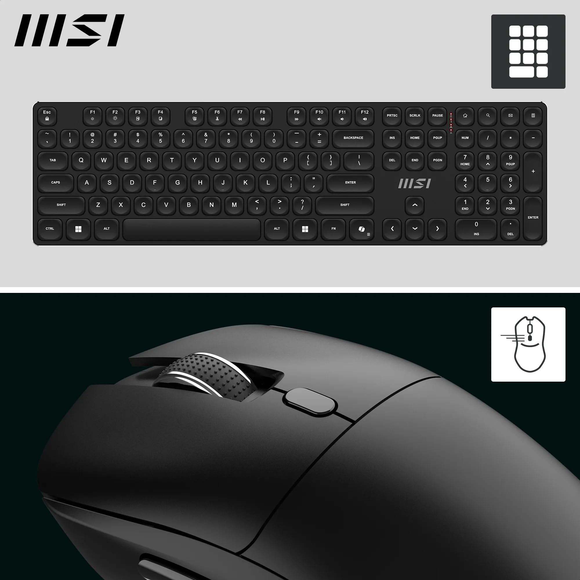 MSI FORGE K210 WIRELESS COMBO, QWERTY, IT Layout - Tastiera + Mouse Switch a forbice, Low-Profile, Wireless 2,4 GHz, Ricaricabile fino a 120 ore, USB 2.0, Mouse con sensore ottico 1600 DPI