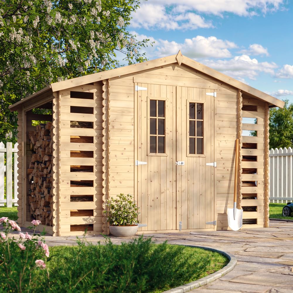 Holzhaus Gartenhaus mit Brennholzschuppen TIMBELA M391C - Gartenschuppen Holz B328xL206xH218 cm/ 3,53 + 0,97 + 0,97 m2 Lagerschuppen für Garten - Fahrrad Schuppen - Wasserfestes Dach
