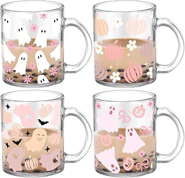 Tioncy 4 Pcs Halloween Ghost Coffee Mugs 12 oz Ghost Glass Cups with Handle Spooky Coffee Cup Pink Mug Cute Gifts Drinking Containers for Halloween Holiday Party Drinkware Accessories