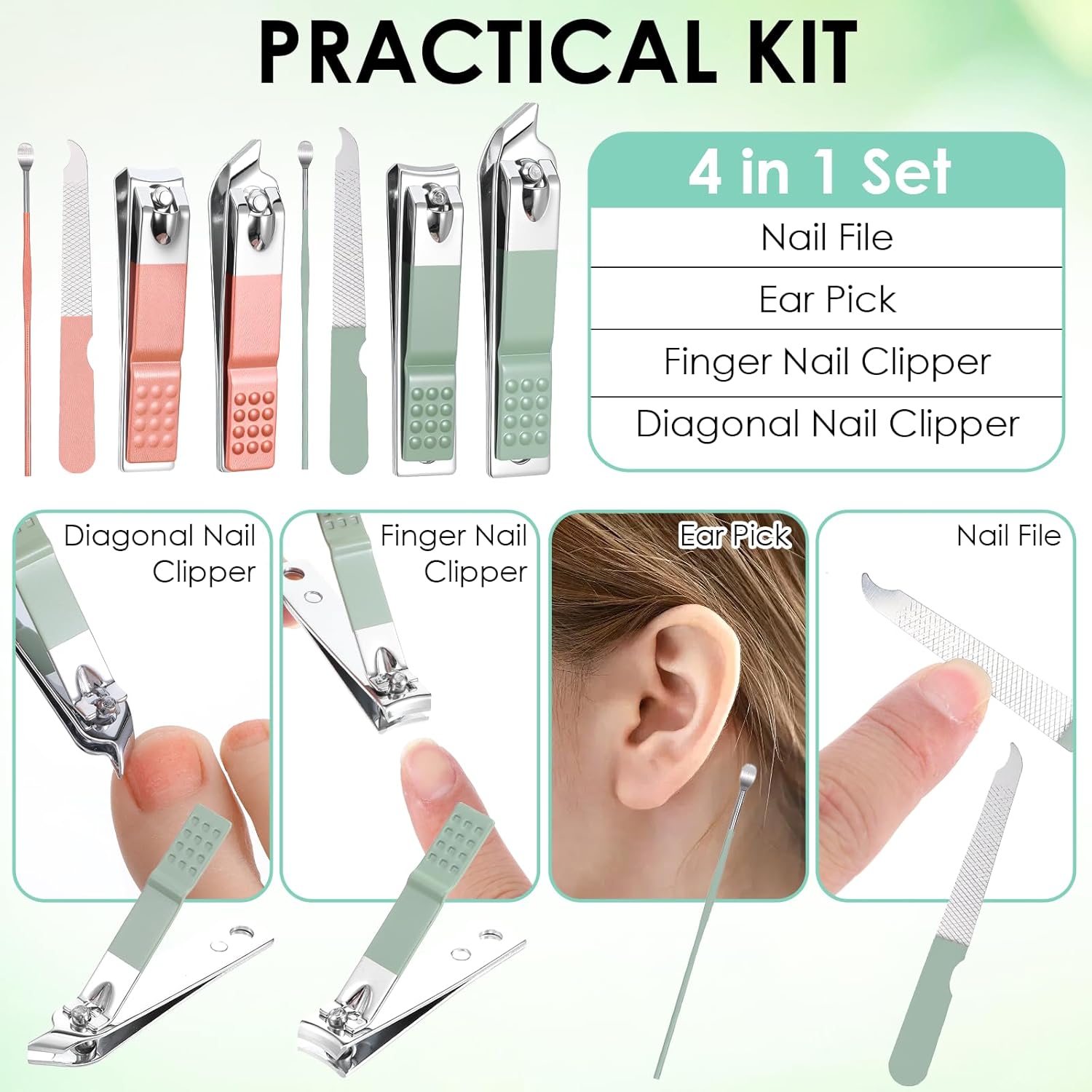 Lemecima 24 Sets Travel Manicure Kit, 4-in-1 Nail Clippers Bulk with PU Leather Case - 12 Pink & 12 Green Individually Wrapped Portable Nail Care Sets for Personal & Professional Use