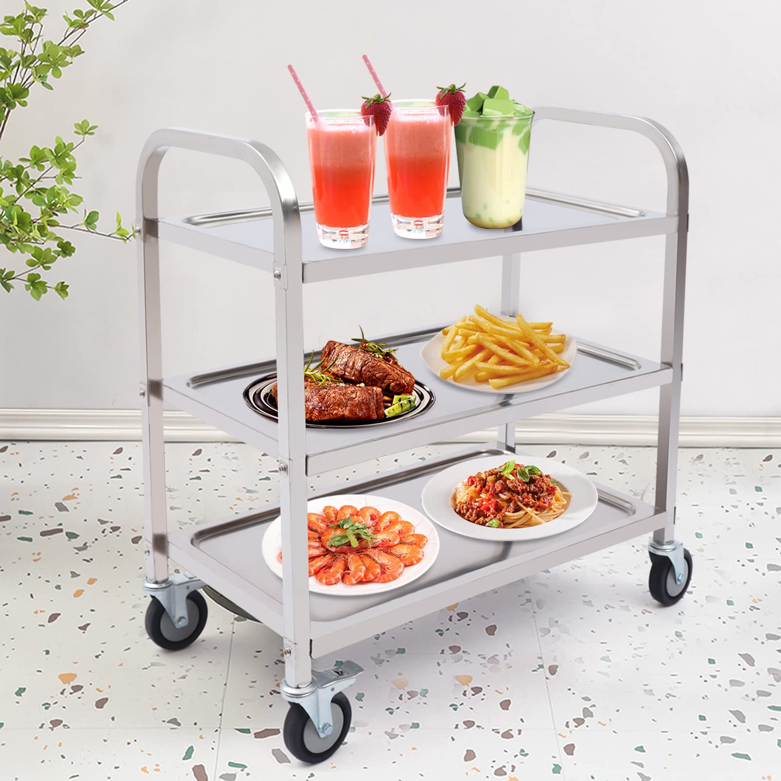 Carro de servicio de acero inoxidable, 3 niveles, para restaurantes, bibliotecas, cocinas, salones, dormitorios