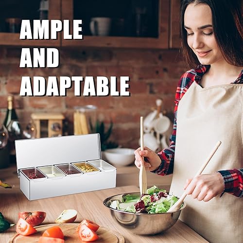 Miniatura 2 de Domensi 2 recipientes de condimentos de acero inoxidable con tapas, dispensador de condimentos, bandeja organizadora con 10 cucharas, barra de