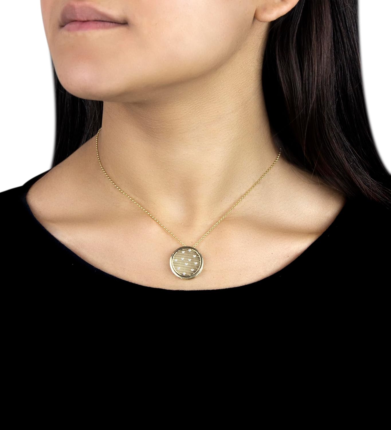 14K Yellow Gold Matte Finish Circle Pendant Necklaces With 0.11 TCW Natural diamond, Flush Setting in Cable Chain, Lobster Claw Clasp (G-H Color, SI2-I1 Clarity, Very-good-cut, Round-brilliant-shape)