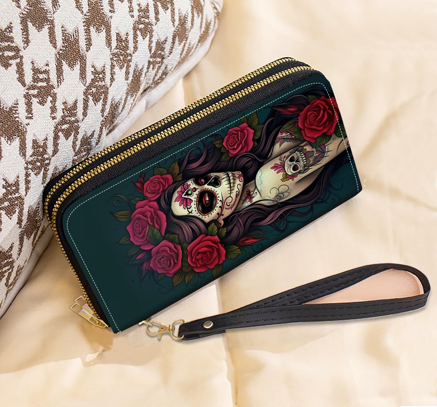 Sugar Skull Girl Roses Print Wallet for Women with Credit Card Holder Coin Money Clip PU Leather Double Zip Around Clutch Wallet - Image 5