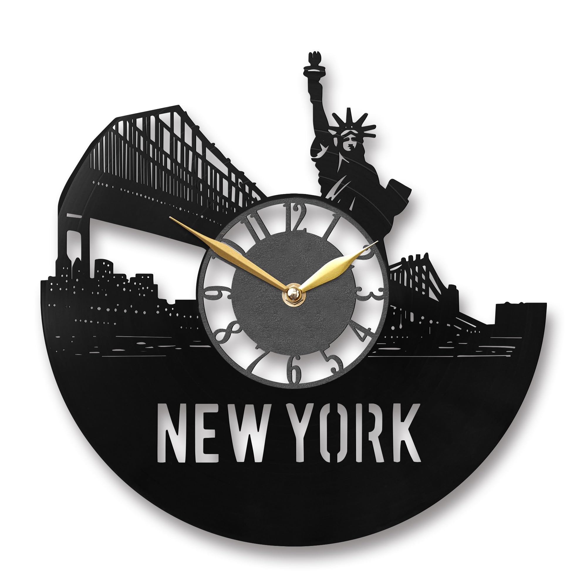 Orologio da parete New York – Statua della Libertà e design del ponte di Brooklyn, decorazione unica di New York, regalo per gli amanti di New York, nero (disco in vinile da 30,5 cm (senza