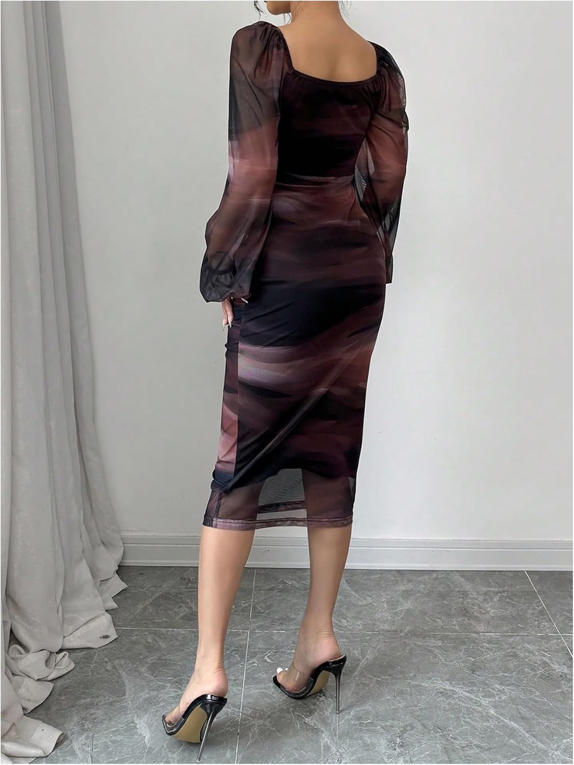 Floerns Women's Tie Dye Lantern Sleeve Bodycon Dresses Square Neck Night Out Midi Dress - Image 3